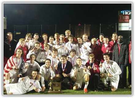The boys soccer team celebrates their first WPIAL Class AA win in school history. After a dominant undefeated season, the team goes into this season with its offense intact, but with a host of less experienced players in the backfield. 
PHOTO SUBMITTED
